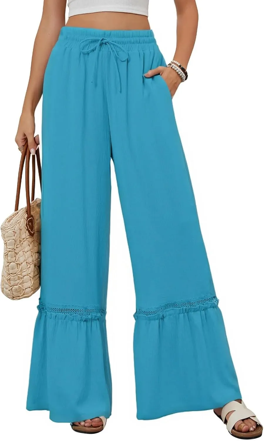 Womens Wide Leg Pants Solid Pleated Drawstring Elastic High Waist Pant Summer Casual Trousers with Pockets