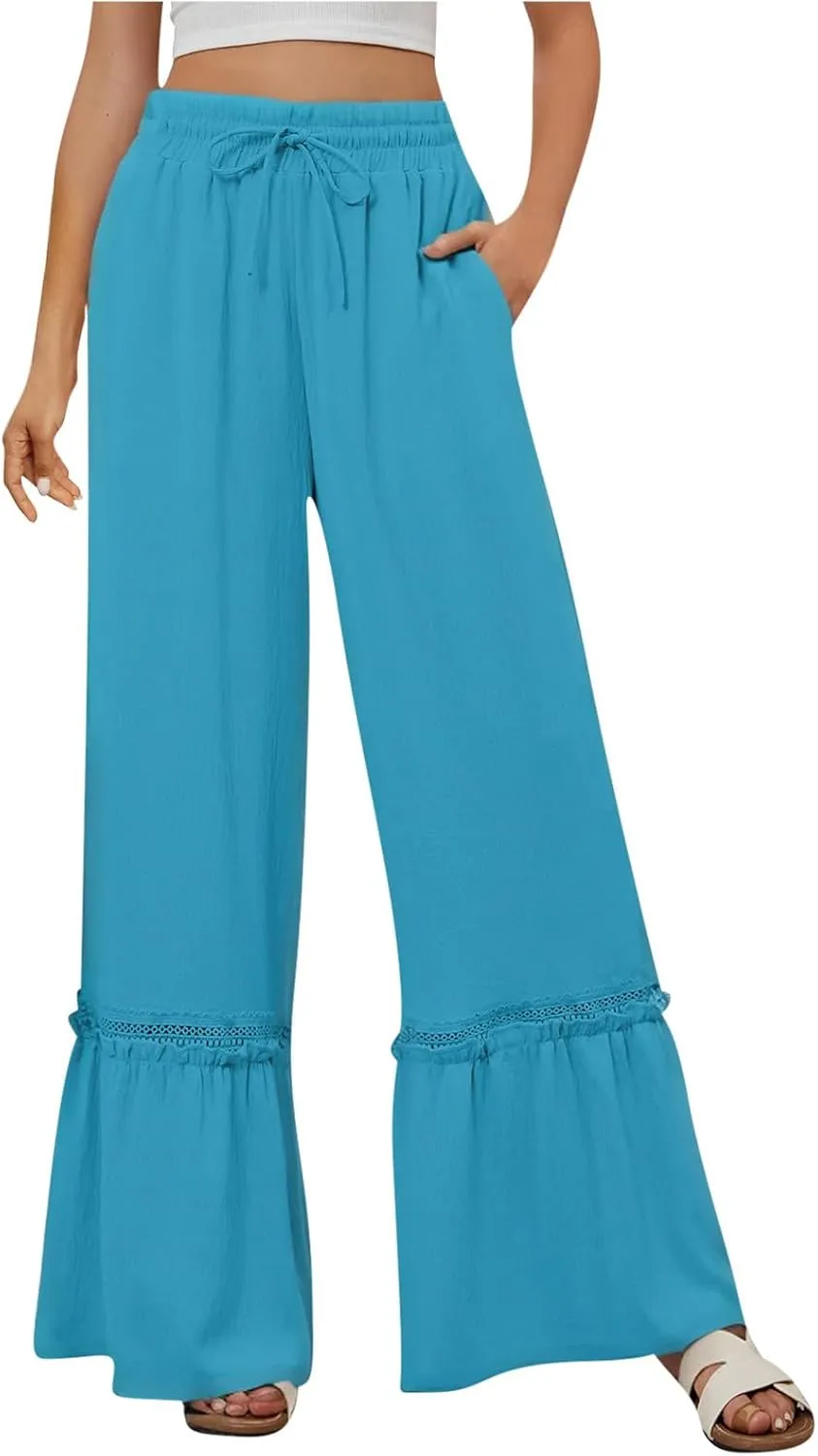 Womens Wide Leg Pants Solid Pleated Drawstring Elastic High Waist Pant Summer Casual Trousers with Pockets