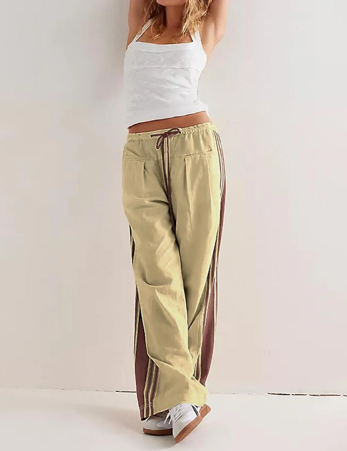 Wyeysyt Womens Wide Leg Pants Drawstring High Rise Palazzo Pants Side Striped Baggy Track Pants with Pockets