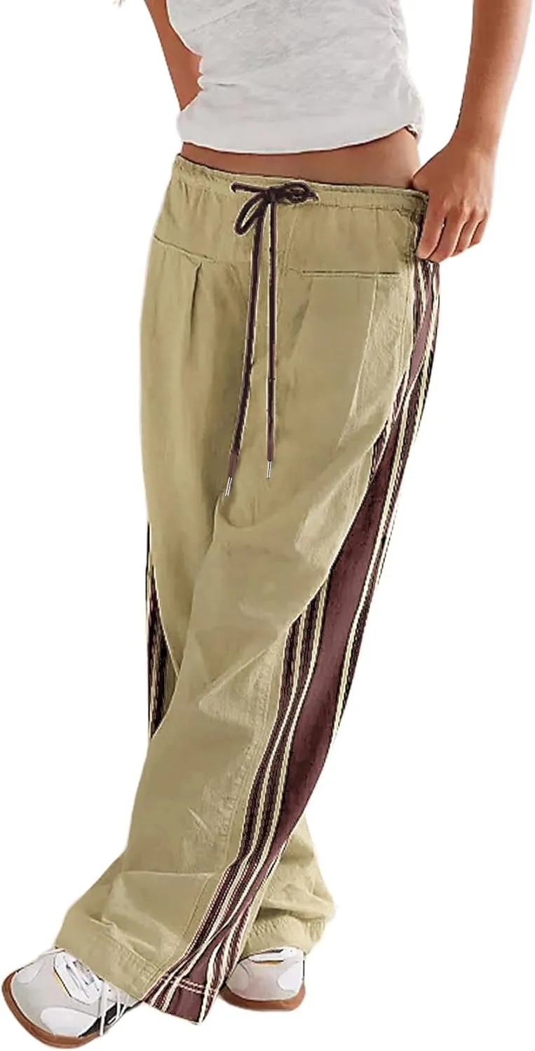 Wyeysyt Womens Wide Leg Pants Drawstring High Rise Palazzo Pants Side Striped Baggy Track Pants with Pockets