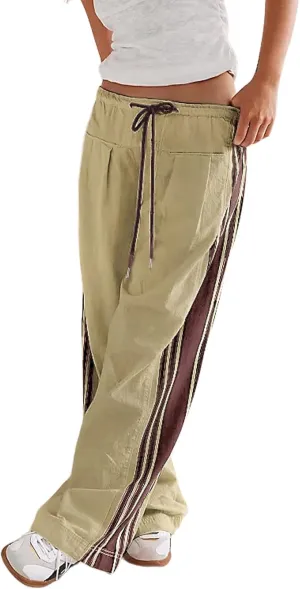 Wyeysyt Womens Wide Leg Pants Drawstring High Rise Palazzo Pants Side Striped Baggy Track Pants with Pockets