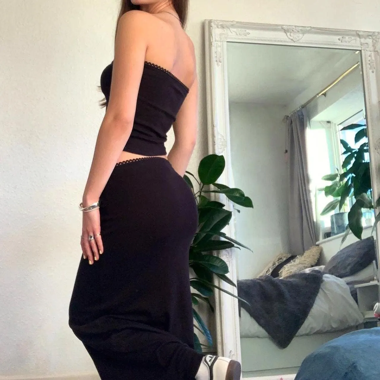 Y2k Maxi Skirt Sets Women 2 Piece Outfits Sexy Sleeveless Backless Crop Tube Top Bodycon Long Skirt Sets Streetwear