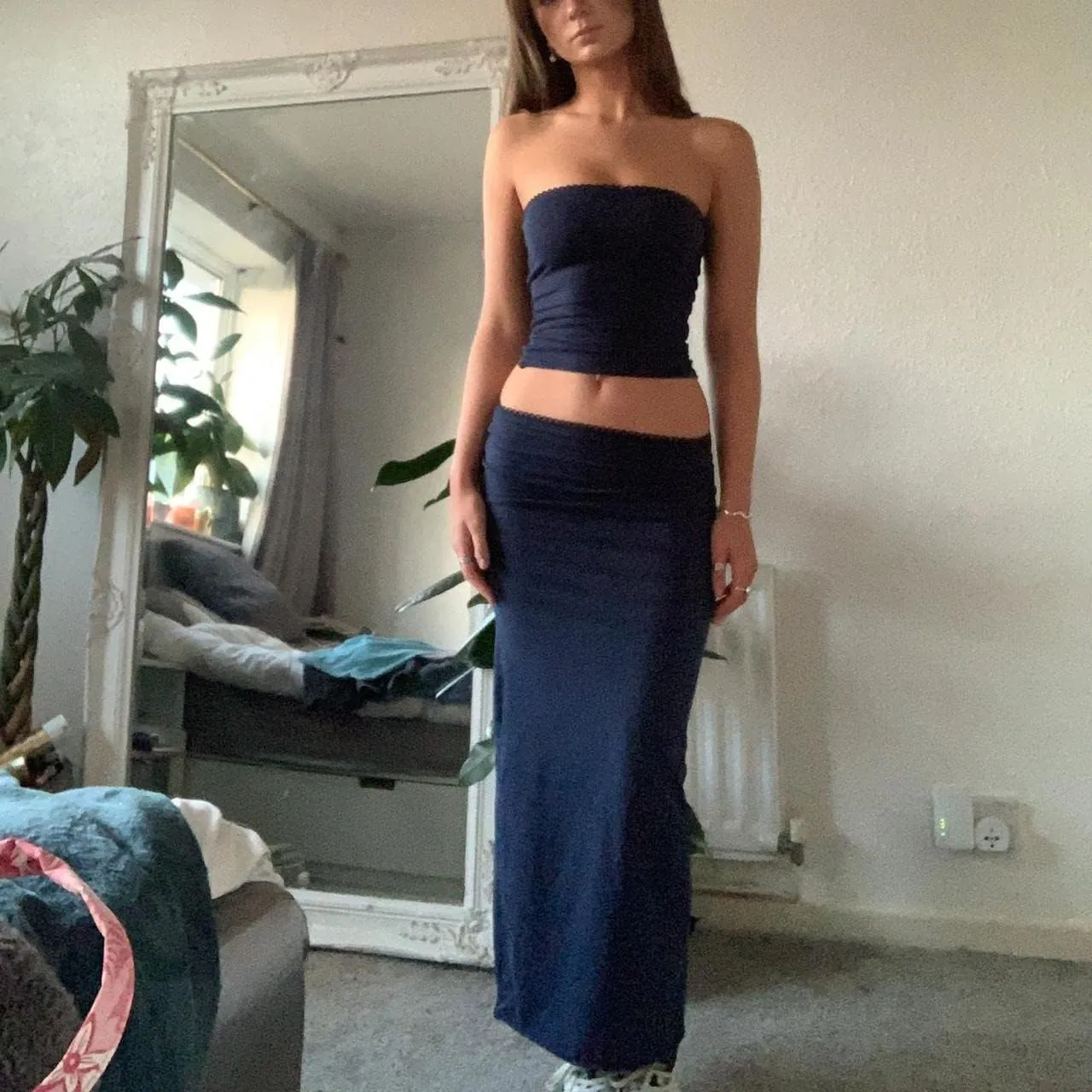 Y2k Maxi Skirt Sets Women 2 Piece Outfits Sexy Sleeveless Backless Crop Tube Top Bodycon Long Skirt Sets Streetwear