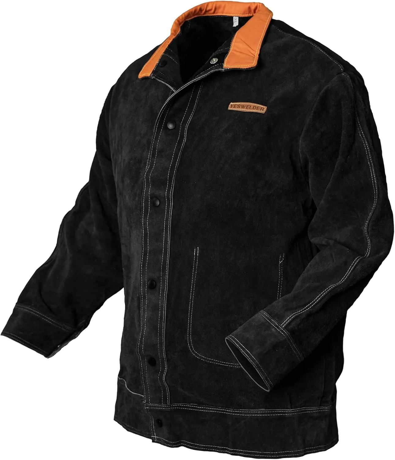 YESWELDER Black Leather Welding Jacket for Men Women, Heavy Duty Welder Jacket, Heat Flame Resistant Welding Coat, L