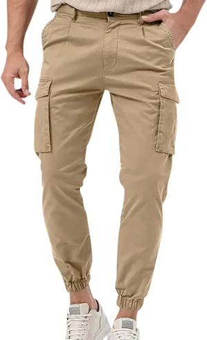 YUHGODO Men's Cargo Jogger Pants Stretch Elastic Waist Drawstring Sweatpants Slim Fit Hiking Outdoor Tapered Trousers