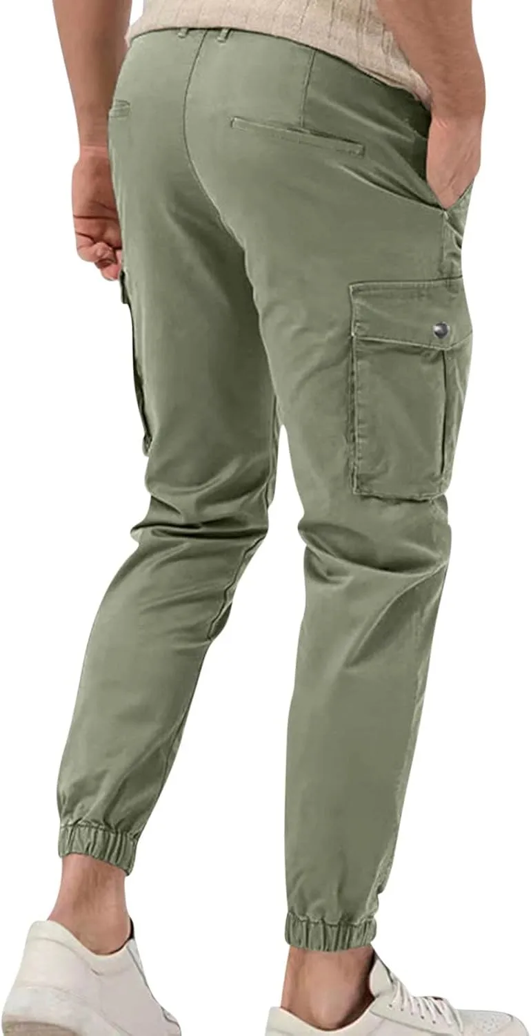 YUHGODO Men's Cargo Jogger Pants Stretch Elastic Waist Drawstring Sweatpants Slim Fit Hiking Outdoor Tapered Trousers