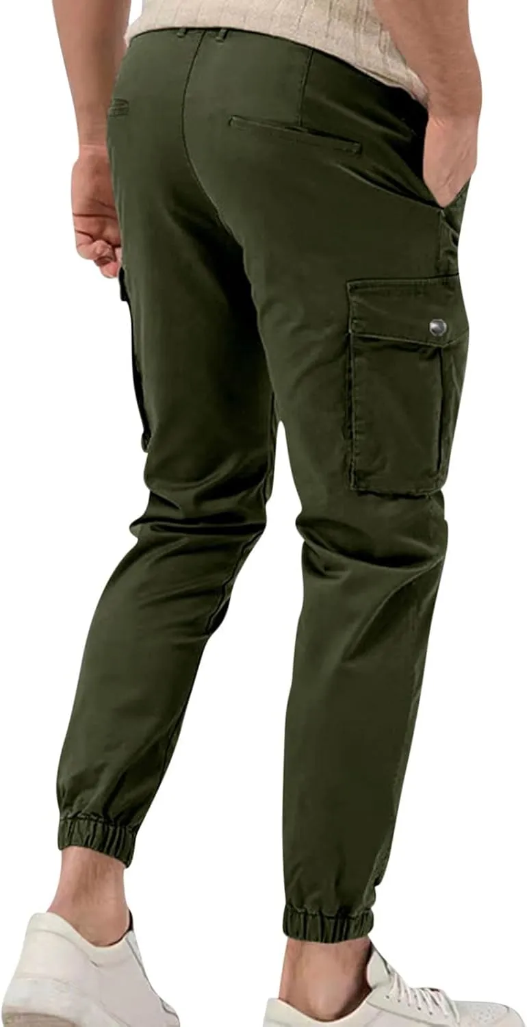 YUHGODO Men's Cargo Jogger Pants Stretch Elastic Waist Drawstring Sweatpants Slim Fit Hiking Outdoor Tapered Trousers