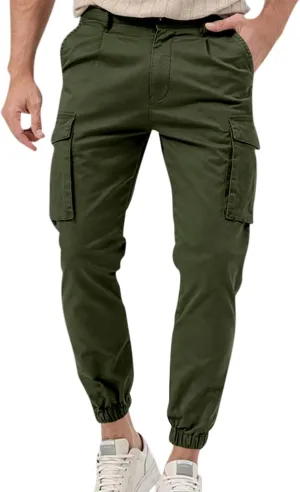 YUHGODO Men's Cargo Jogger Pants Stretch Elastic Waist Drawstring Sweatpants Slim Fit Hiking Outdoor Tapered Trousers