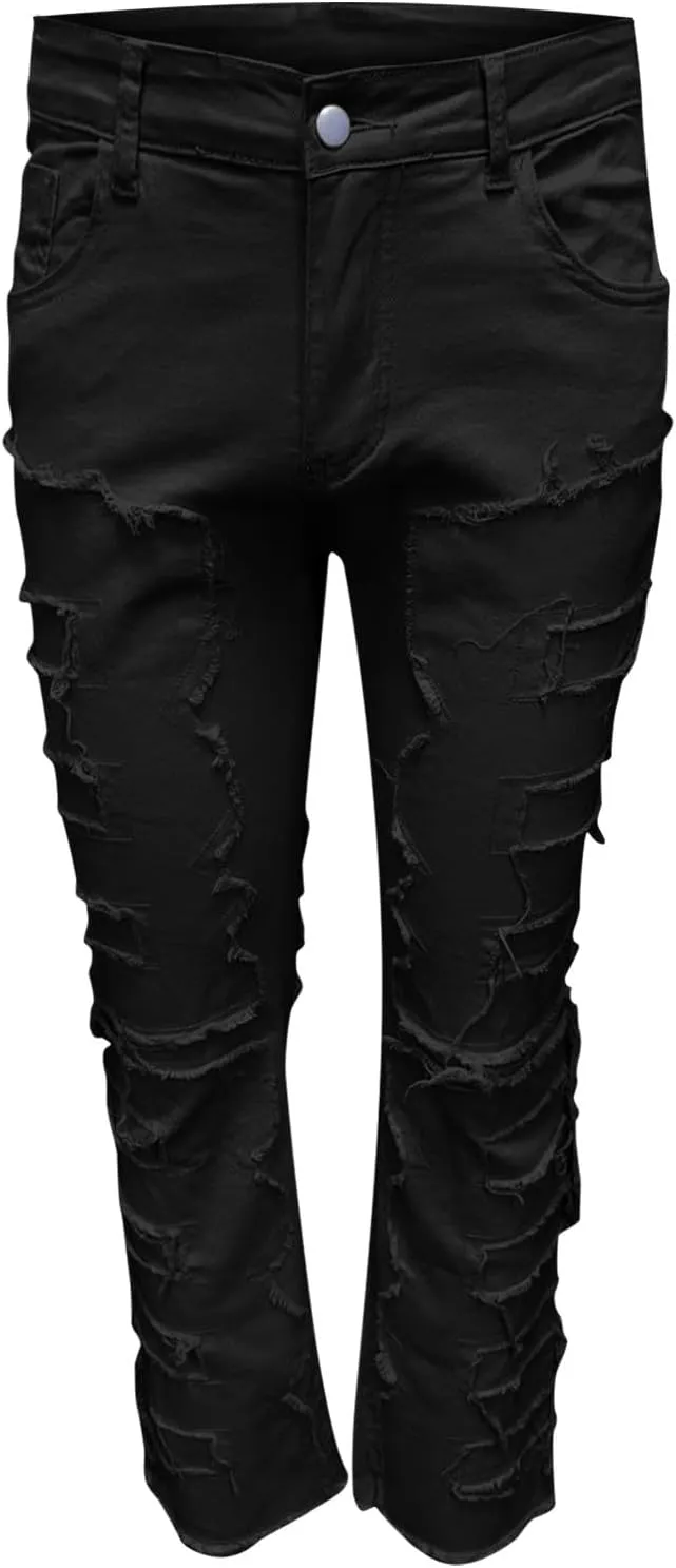 YUHGODO Men's Slim Fit Stretch Jeans Retro Distressed Patchwork Stacked Frayed Straight Leg Skinny Denim Pants Fall Outfits