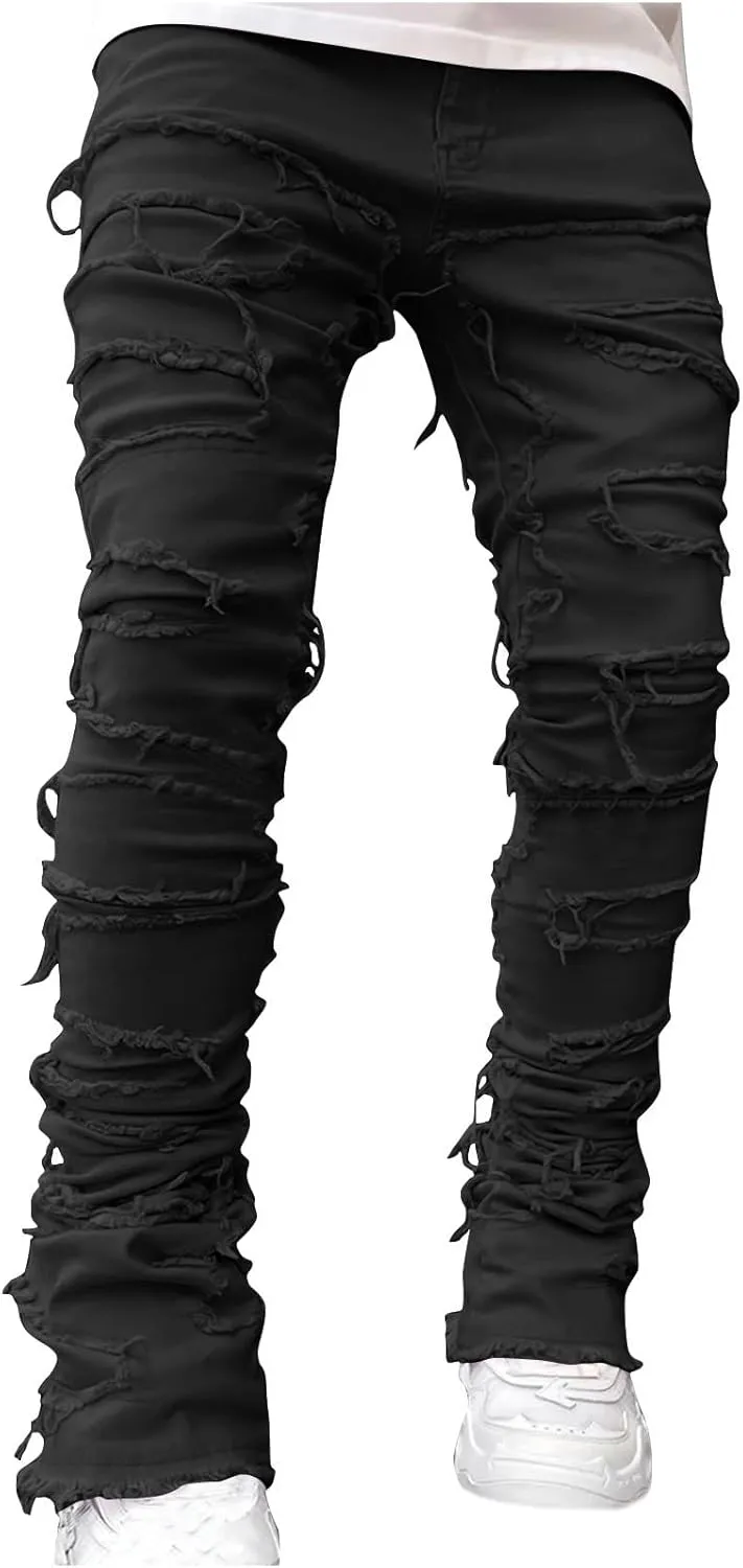 YUHGODO Men's Slim Fit Stretch Jeans Retro Distressed Patchwork Stacked Frayed Straight Leg Skinny Denim Pants Fall Outfits