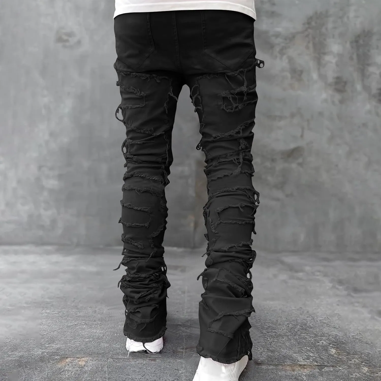 YUHGODO Men's Slim Fit Stretch Jeans Retro Distressed Patchwork Stacked Frayed Straight Leg Skinny Denim Pants Fall Outfits