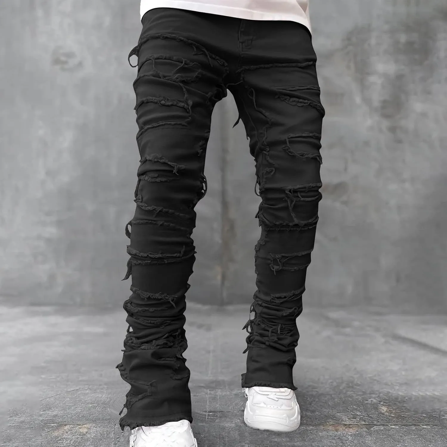 YUHGODO Men's Slim Fit Stretch Jeans Retro Distressed Patchwork Stacked Frayed Straight Leg Skinny Denim Pants Fall Outfits