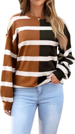 Zeagoo Womens Striped Oversized Sweater 2024 Crew Neck Long Sleeve Knitted Color Block Casual Loose Pullover Top