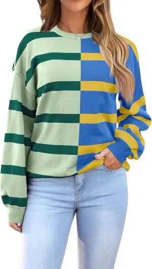 Zeagoo Womens Striped Oversized Sweater 2024 Crew Neck Long Sleeve Knitted Color Block Casual Loose Pullover Top