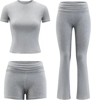 ZFLM Fashion and Casual Women's 3-Piece Set Short Sleeved High Waist Folded Shorts Bellbottom Pants Sports Set