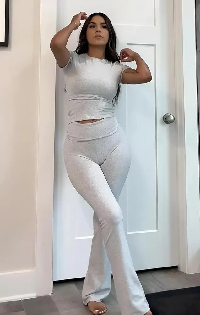 ZFLM Fashion and Casual Women's 3-Piece Set Short Sleeved High Waist Folded Shorts Bellbottom Pants Sports Set