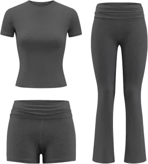 ZFLM Fashion and Casual Women's 3-Piece Set Short Sleeved High Waist Folded Shorts Bellbottom Pants Sports Set