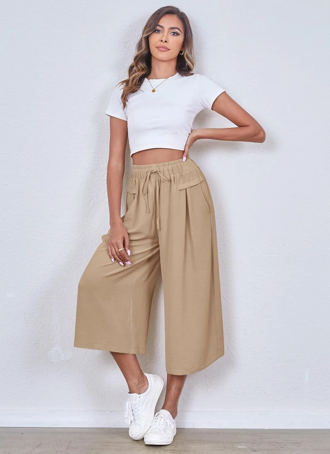 ZJCT Womens Capri Pants Summer Beach Crop Wide Leg Palazzo Capris with Pockets