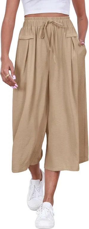 ZJCT Womens Capri Pants Summer Beach Crop Wide Leg Palazzo Capris with Pockets