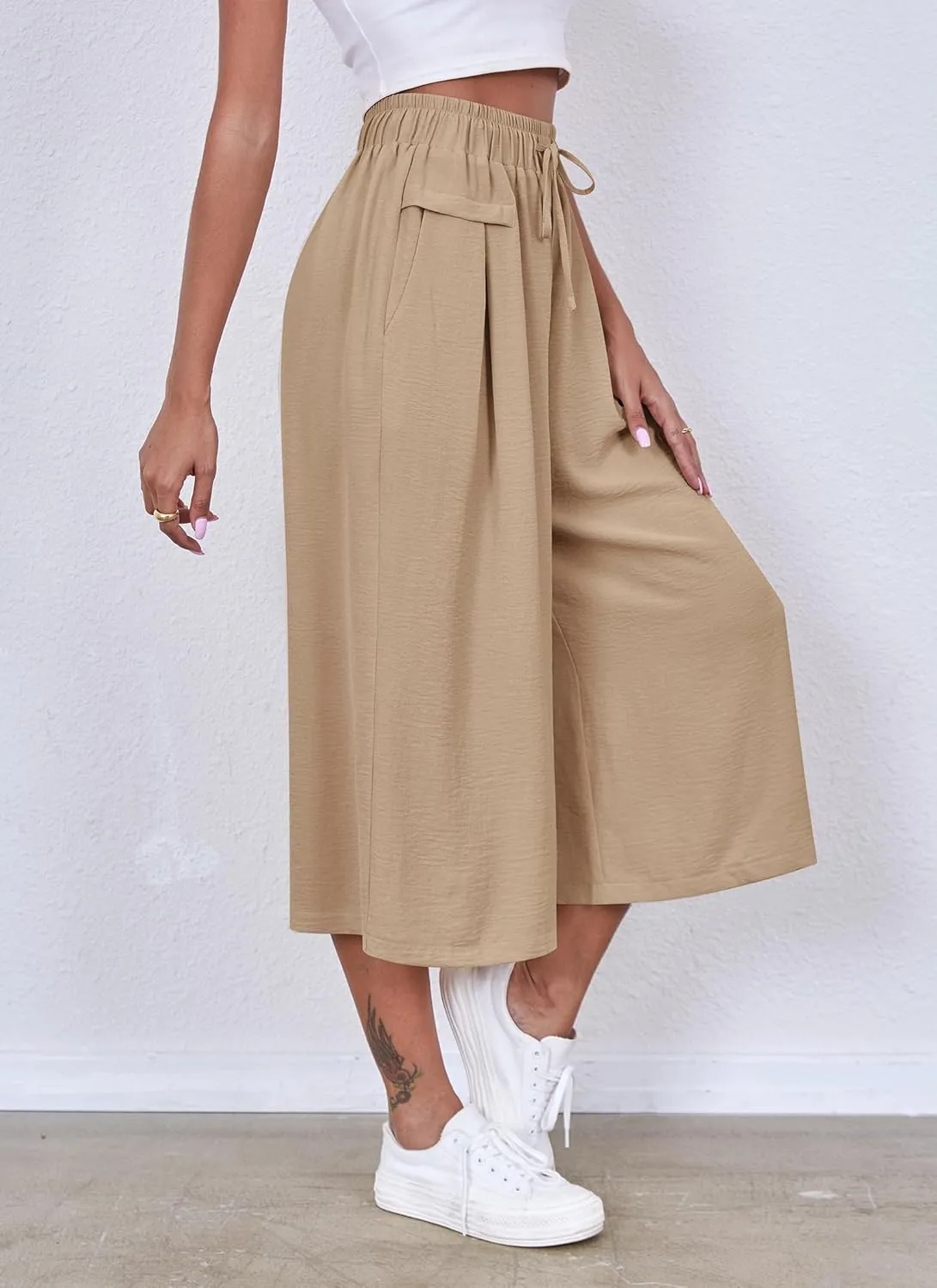 ZJCT Womens Capri Pants Summer Beach Crop Wide Leg Palazzo Capris with Pockets