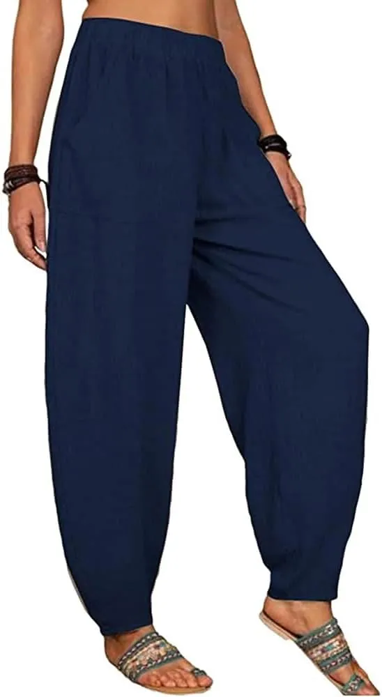 ZOCAVIA Women's Cotton Linen Harem Pants Casual Loose Fit Elastic High Waist Pants Lightweight Baggy Linen Wide Leg Trousers