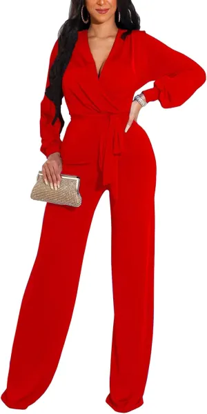ZonJie Casual Jumpsuits for Women Elegant Long Sleeve Party Rompers Dressy Deep V Neck Wide Leg Long Pant with Belt